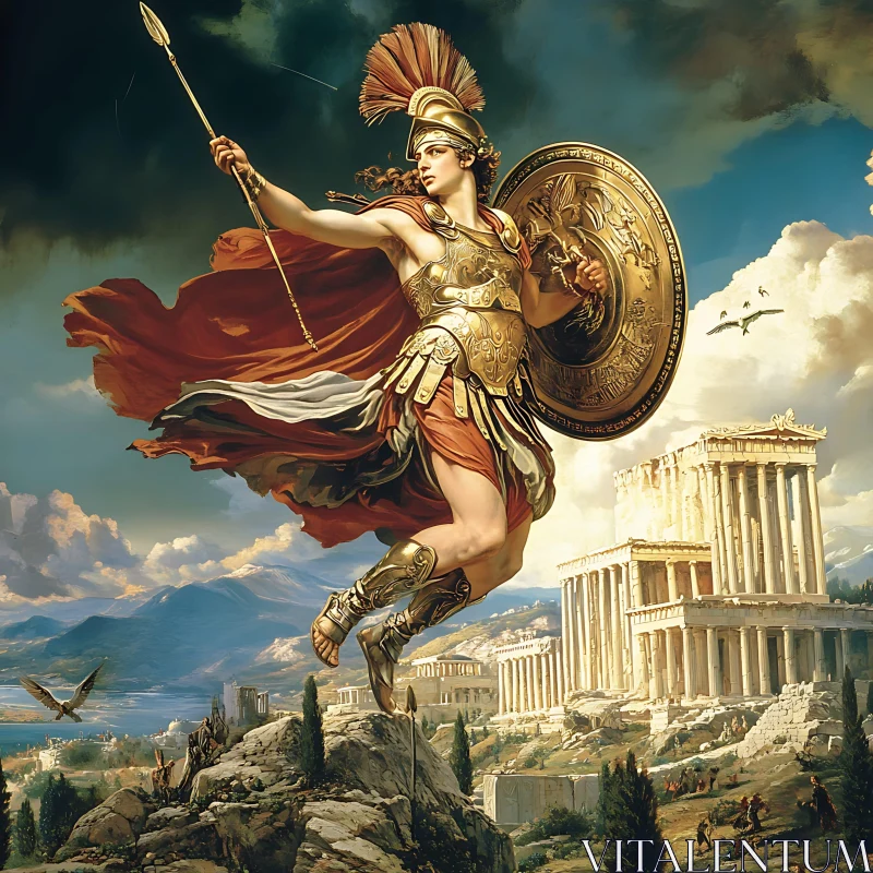 Flying Athena with Spear and Shield AI Image