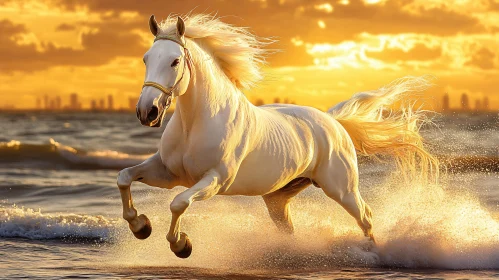 Graceful Horse in Sunset Waves