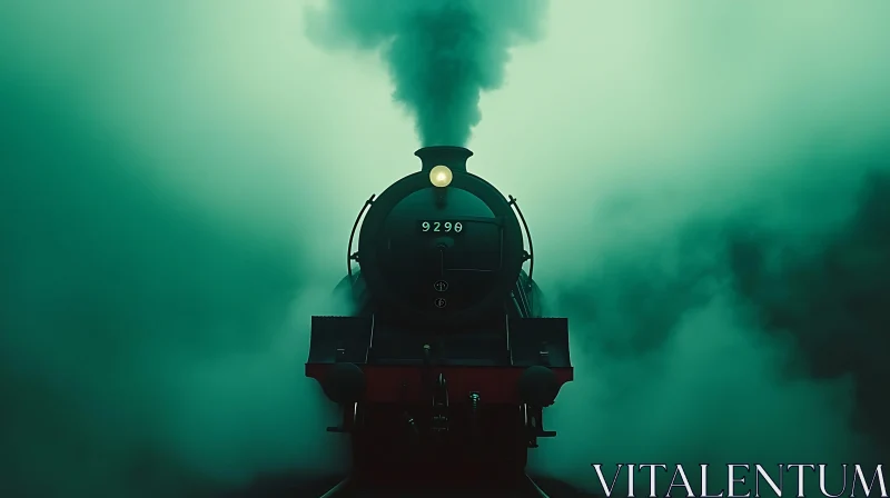 Vintage Locomotive Steaming Through Teal Mist AI Image
