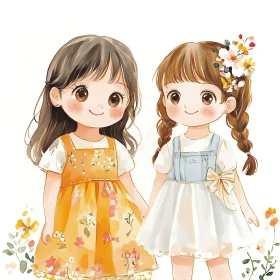 Two Little Girls in Watercolor Style