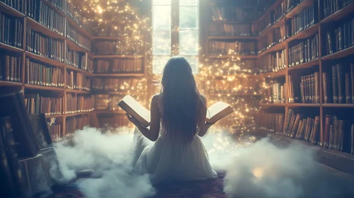 Woman Reading a Magical Book in Library