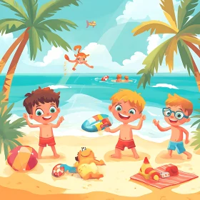 Cartoon Children Playing on Beach