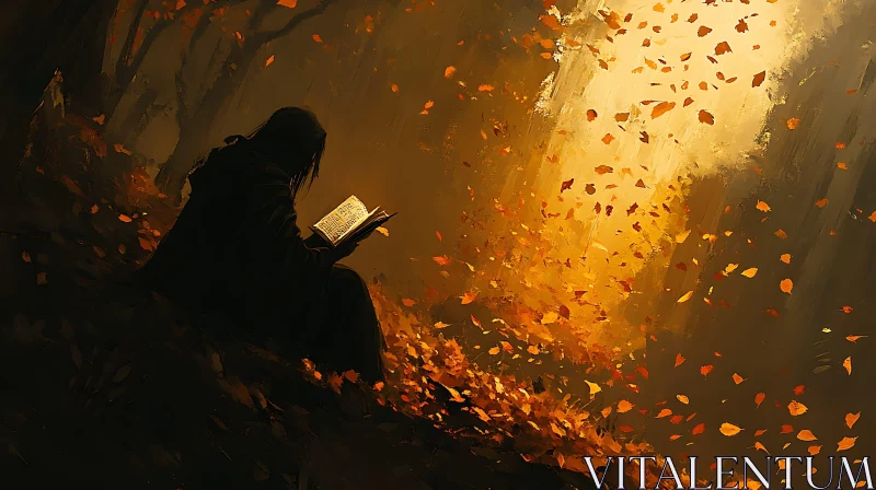 AI ART Person Reading Under Autumn Leaves