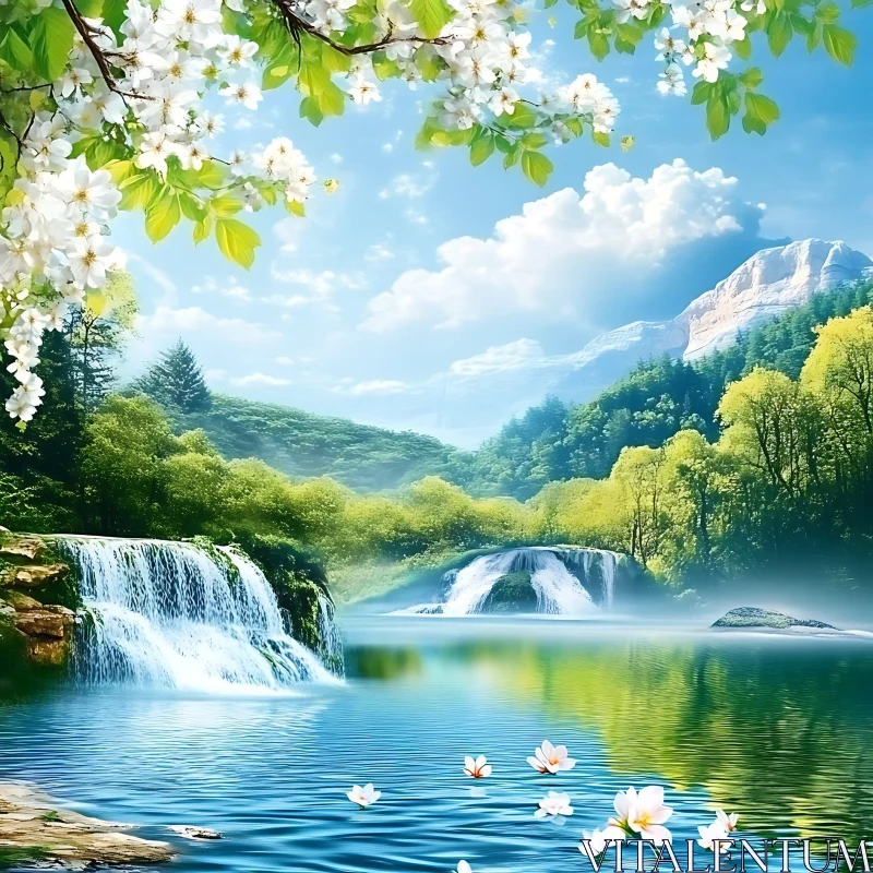 Serene Landscape with Waterfalls and Floral Blossoms AI Image