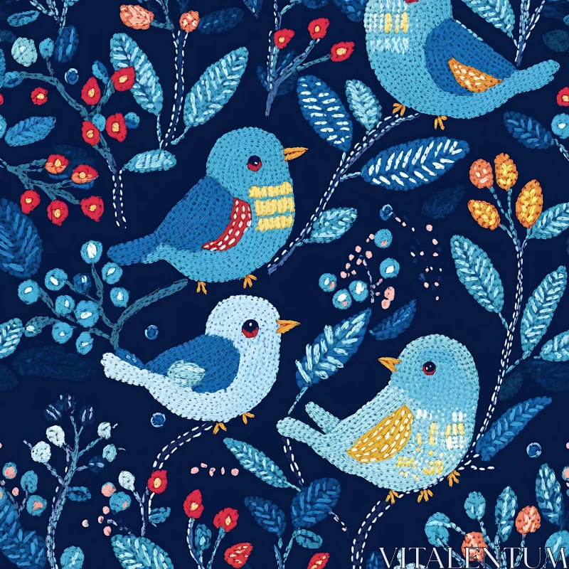 AI ART Blue Bird Embroidery Style Pattern