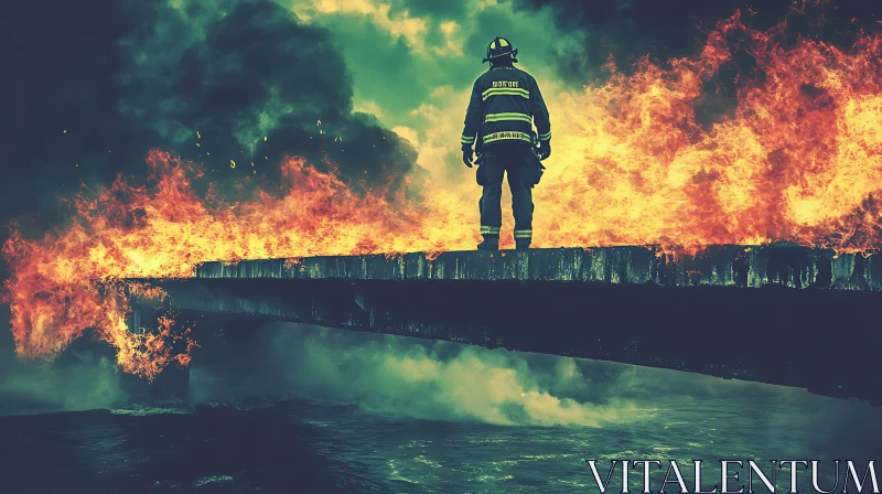 Intense Bridge Fire with Firefighter AI Image