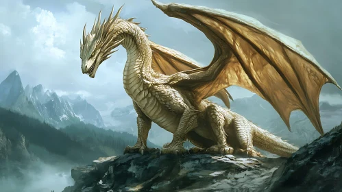 Dragon on Mountain Peak with Misty Background