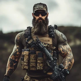 Bearded Warrior with Rifle and Tattoos