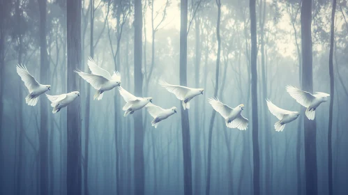 Ethereal Flight of Birds in Foggy Forest