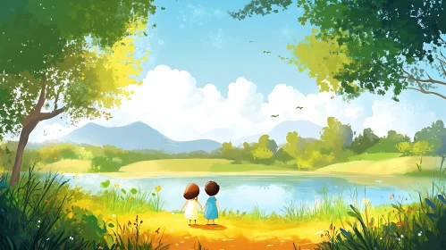 Serene Lakeside View with Children