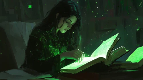 Woman Reading a Magical Glowing Book