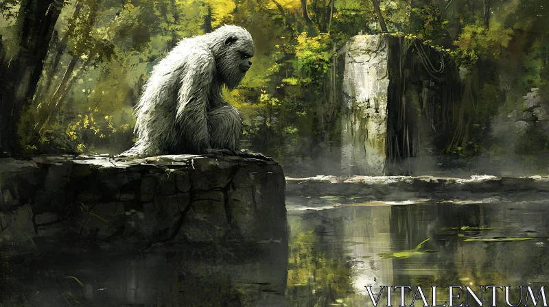 AI ART Primate Contemplation by the Pond