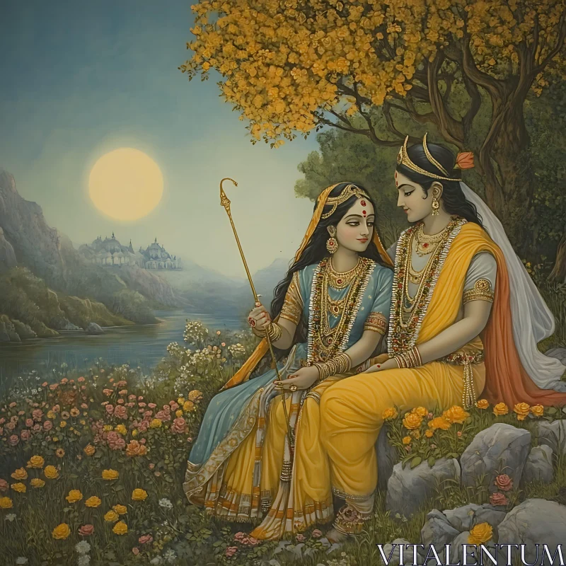 Radha Krishna in Blissful Landscape AI Image