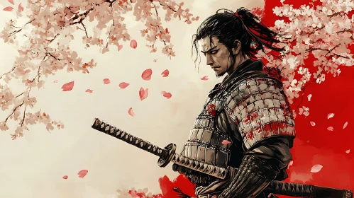 Warrior with Sword and Falling Petals