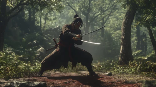 Samurai Swordsman in Green Forest