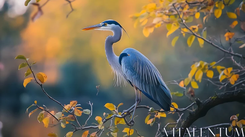 Blue Heron Perched on Branch with Yellow Leaves AI Image