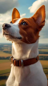 Dog Looking Upward in Scenic Fields