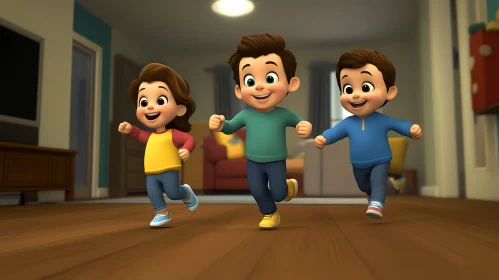 Happy Cartoon Children Running Together