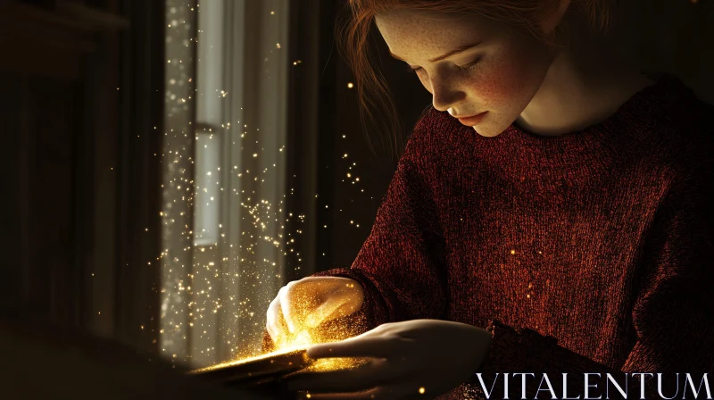 Girl Reading Book With Magic Sparkles AI Image