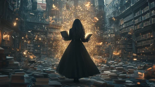 Mystical Library Scene with Woman Reading