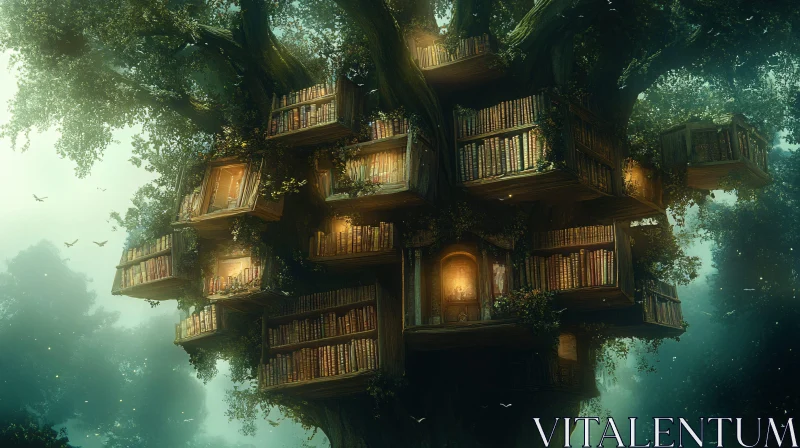 AI ART Whimsical Treehouse Library Art