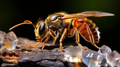 Bee on Crystal Encrusted Wood – An Amber Hued Portrait