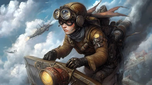 Woman Pilot in Steampunk Aircraft