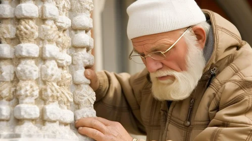 Captivating Portrait of an Elderly Man Engrossed in Marble Ornament