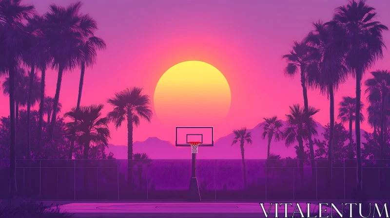 AI ART Palm Trees and Basketball Court Sunset