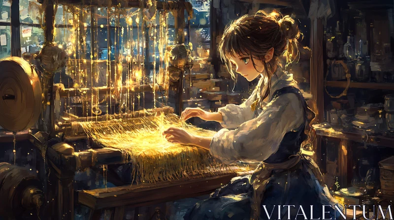 AI ART Anime Woman at Weaving Loom