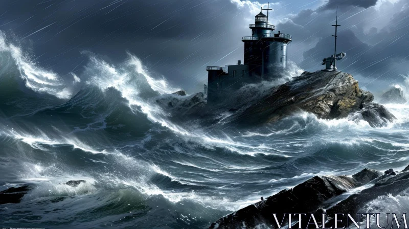Dramatic Night Seascape: A Majestic Lighthouse Battling the Elements AI Image
