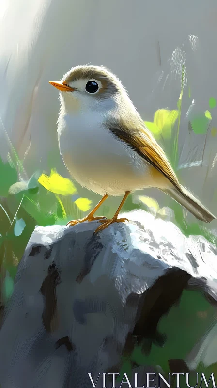 Tiny Bird on Rock with Sunlit Foliage AI Image