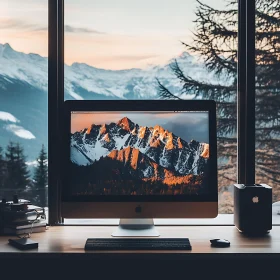 Desktop Setup with Sunset Mountain View
