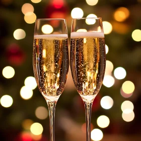 Holiday Champagne Flutes with Bokeh Lights