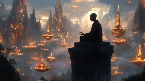 Meditative Monk Overlooking Floating City