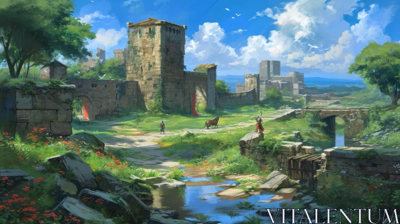 Enchanting Digital Painting of a Ruined Castle | Serene Landscape AI Image