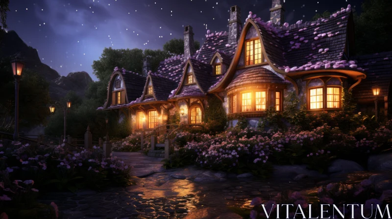 Enchanting Nighttime Fairytale Cottage Wallpaper AI Image