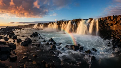 Rainbow over Lava Waterfall at Sunset in Iceland