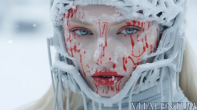 Snowy Surrealism: Girl in Crimson Amidst Winter's Fury AI Image