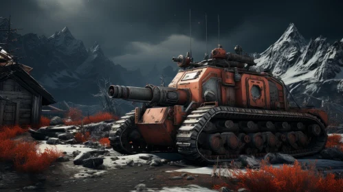Tank in Snowy Landscape: Dark Crimson and Orange | Abstract Art