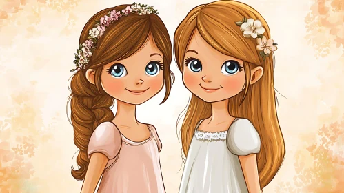 Two Cartoon Girls with Flowers