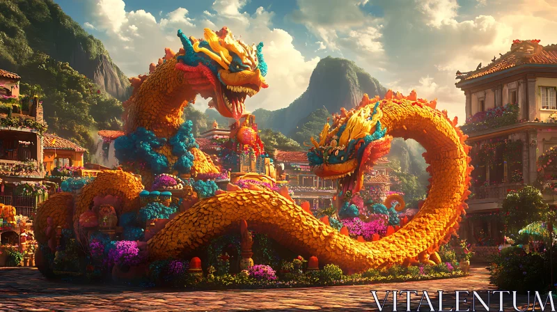 Golden Dragons in a Floral Paradise AI Image