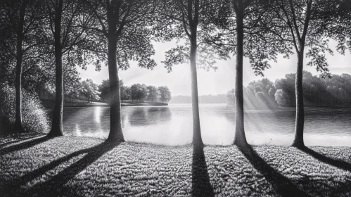 Tranquil Lakeside with Sunlight and Shadows