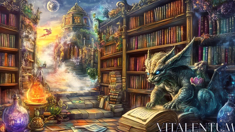 AI ART Ancient Library with Gargoyle Guardian