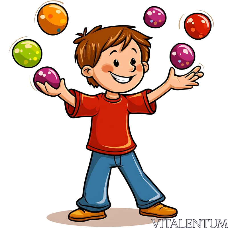 Cartoon Boy Joyfully Juggling Colorful Balls AI Image