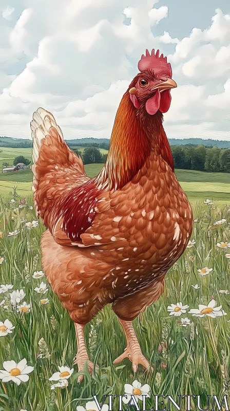 Chicken with Daisies in a Lush Field AI Image