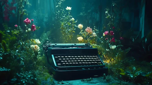 Vintage Typewriter Surrounded by Flowers