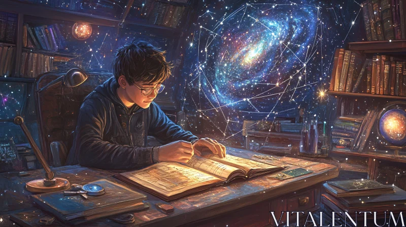 Boy studying galaxy in library AI Image