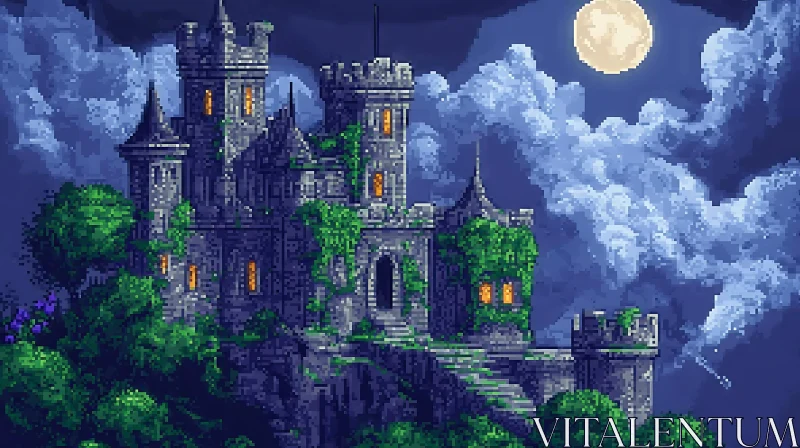 Nighttime Pixel Castle Landscape AI Image