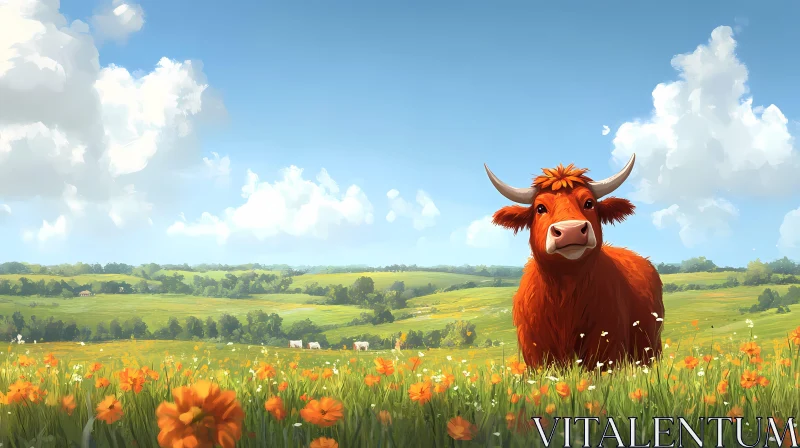 Ginger Cow in Flower Field AI Image